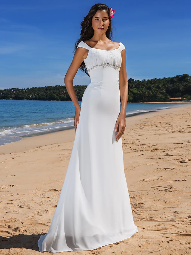 Luolandi Wedding Dresses Scoop Neck Chiffon Cap Sleeve Beach Plus Size with Beading Draping